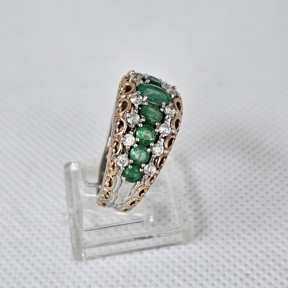 Gems en Vogue Grizzly Emerald & Zircon Palladium Sterling Silver 18k Ring Sz 8! - Picture 6 of 10